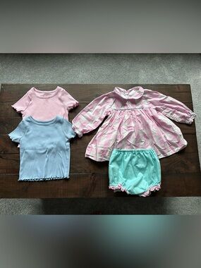 The Smocking Place Pink Plaid Cotton shirt with Mint Bloomers Set includes GWP